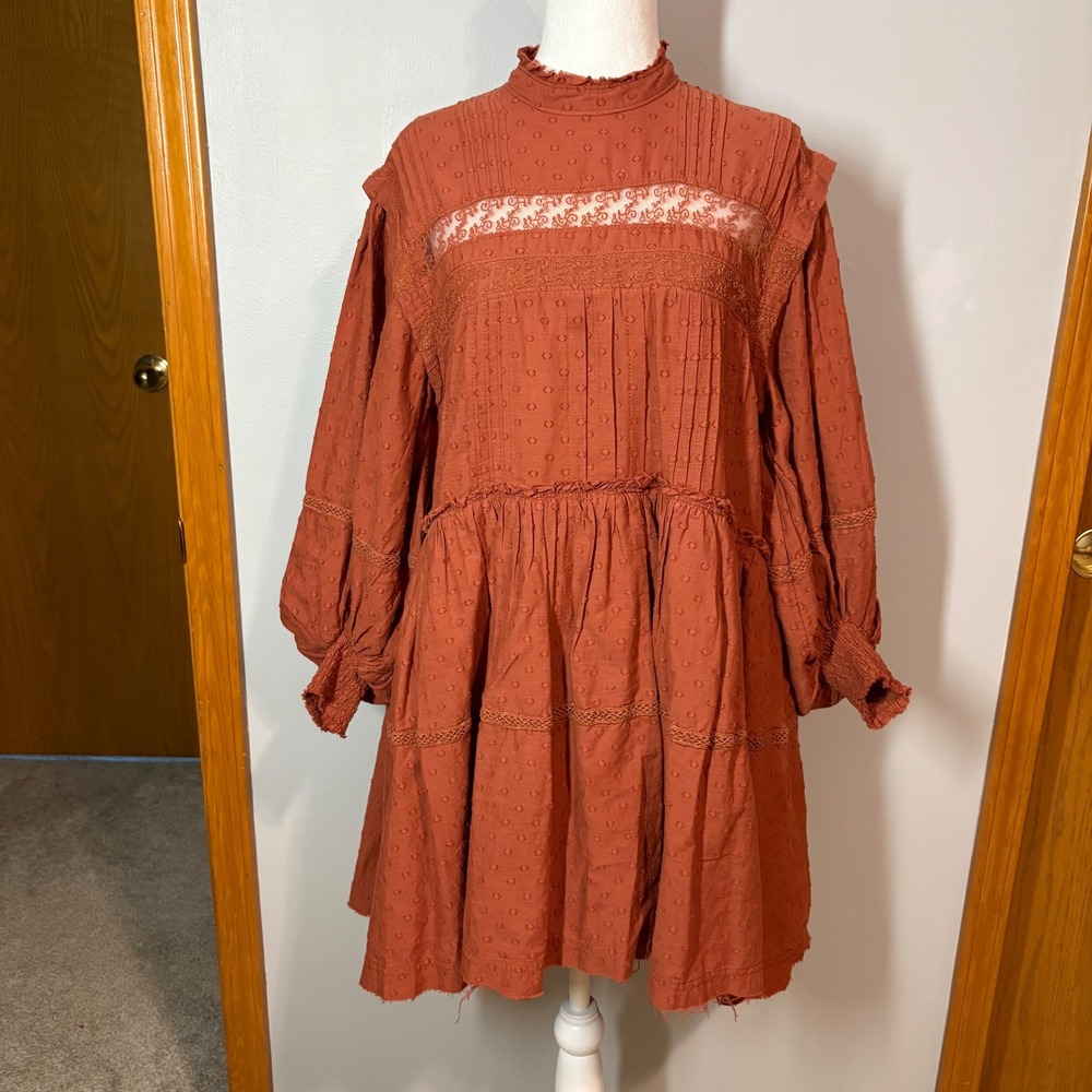 Pilcro Anthropologie long sleeve mock neck swing mini dress orange boho size unk